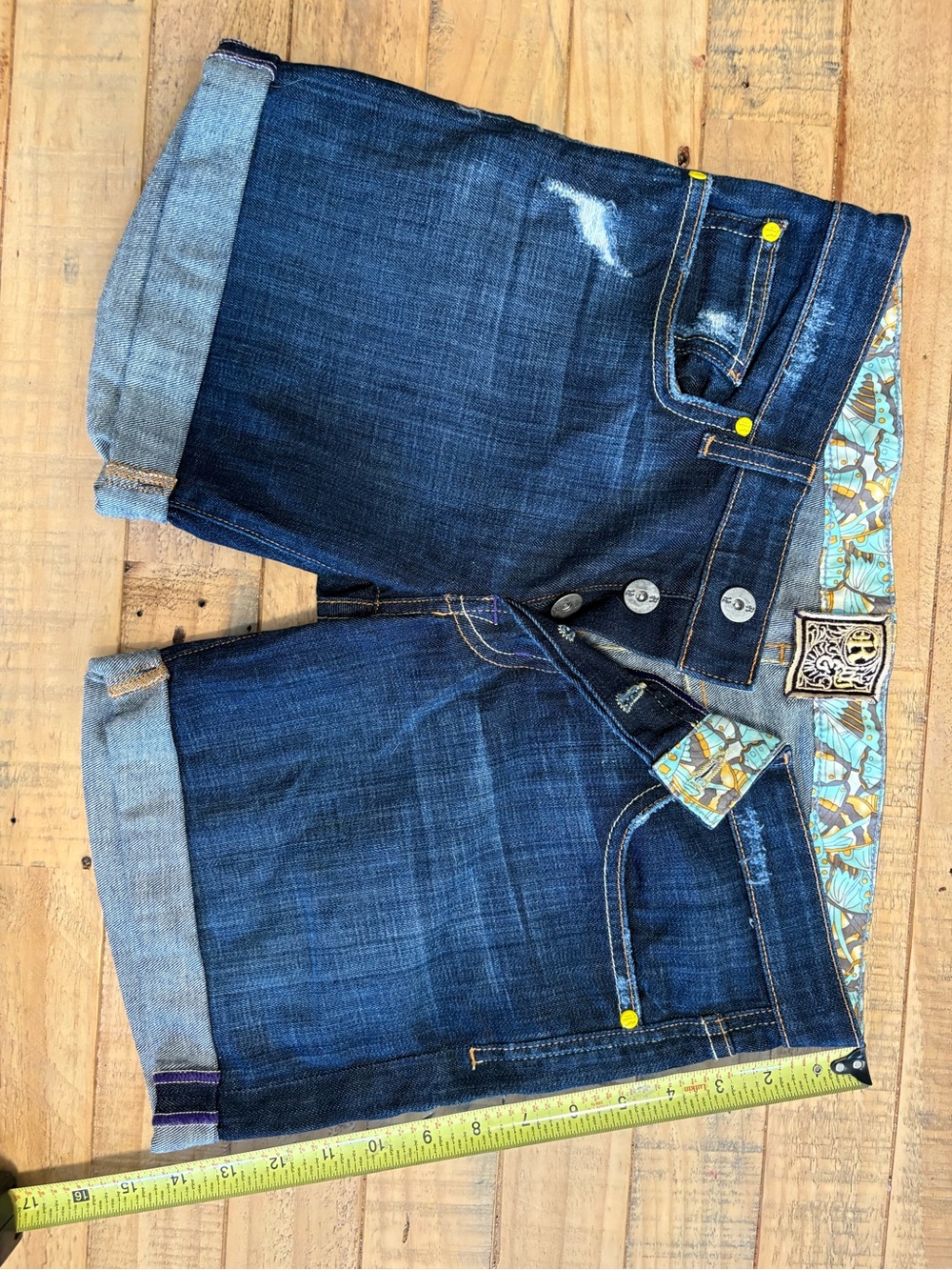 Rich & Skinny Indigo Blue Cuffed Denim Shorts with Patterned Waistband
